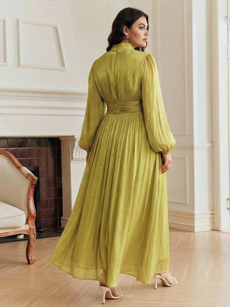 Vestido largo de línea A con cuello Mao, manga larga y apertura parcial en la parte delantera, en color verde elegante, con decoración floral en la cintura, adecuado para banquetes, San Valentín, bodas, talla grande para mujer