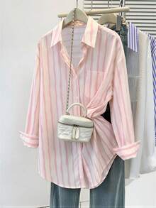 EMERY ROSE Plus Size Women's Striped Colorblock Casual Versatile Daily Outing Shirt Fall - Baby Pink - View 1