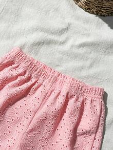 SHEIN Vintaside Kids 女嬰夏季紅色草莓拼接套裝，圓領無袖上衣配同款短褲，甜美風格，輕盈貼身，適合戶外玩耍、居家舒適、朋友聚會 - 粉色 - 查看 5