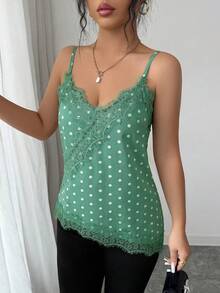 Rafferiza 女士优雅波点蕾丝拼接吊带背心 - 綠色 - 查看 3