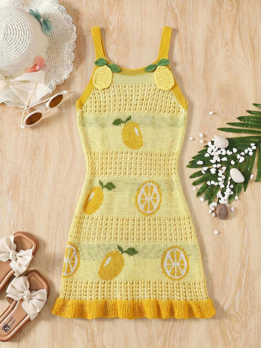 SHEIN Tween Girl Vacation Beach Lemon Jacquard Knit Cover-Up Dress - Yellow - View 1