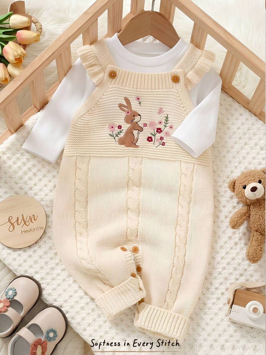 Cozy Pixies Baby Girls' Knitted Romper, Apricot Color, Embroidered Rabbit & Floral Pattern, Long Pants - Apricot - View 1