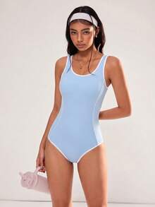SHEIN Unity Color-Blocked Piping, Open Back, Back Zipper, Sleeveless Sports Bodysuit, Fitness Modest Yoga Bodysuit Gym Blue And White Summer - Blue - View 3