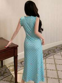 DAZY Sweet Polka Dot Bow Print All-Over Print Ruched Ruffle Trim Sleeveless Cinched Waist Women's Nightgown Summer - Green - View 2