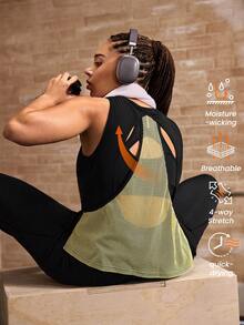 Powerista Top deportivo de tirantes para mujer talla grande con bloques de color, patchwork y diseño calado - Negro - Ver 3