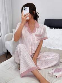 Napfluff Conjunto de pijama con estampado de rayas de corazón dulce, bordado de lazo, bolsillo y cuello de bloques de color - Rosa - Ver 6