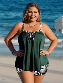 Swim Lushoire Plus Size Vacation Beach Tankini Set - Multicolor - View 7