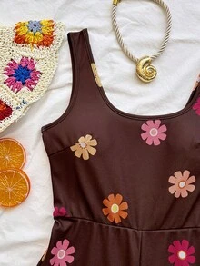 Soleia New Knitted Printed Square Neck Mini Jumpsuit Beach Brown Floral Summer Boho 90s - White - View 6
