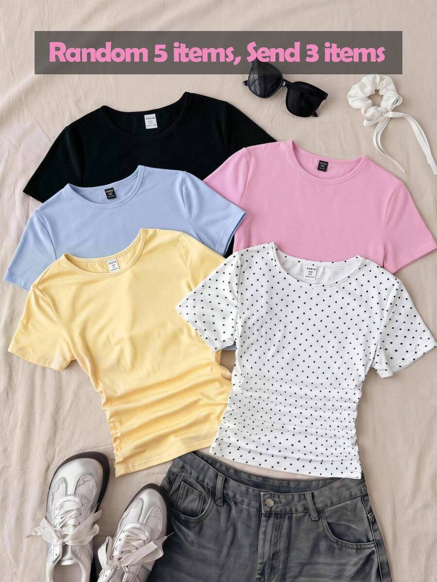 SHEIN Surprise Box[Random 5 Items, Send 3 Items], Tween Girl Polka Dot Pattern & Solid Color Knit Fitted Waist Gathered T-Shirts 3pcs Set - Multicolor - View 1