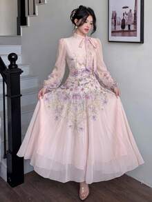 Modelyn 女士系带腰部褶皱印花长袖连衣裙 - 淺粉色 - 查看 4