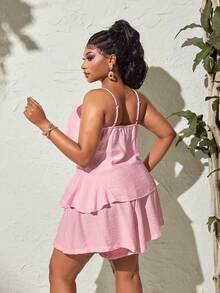 Maweii Plus Size Sexy Elegant Celestial V-Neck Ruffle Asymmetric Camisole Top Shorts 2 Pieces Set Vacation Party Pink Summer - Pink - View 2
