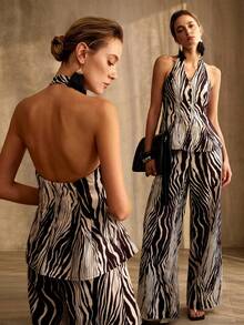 MOTF PREMIUM NEW LINEN WOMEN'S ZEBRA PRINT BACKLESS HALTER TOP - Brown - View 2