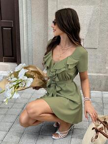 SHEIN Frenchy 女款夏季休閒素色荷葉邊短洋裝 - 綠色 - 查看 4