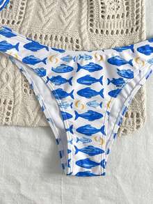 Swim Mod Spring/Summer New Blue Small Fish Print Spaghetti Strap Twist Bandeau Low Waist Pants Two-Piece Vacation Set - Multicolor - View 4