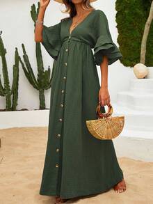 EURMUSE VCAY V Neck Ruffle Sleeve Slit Detailed Premium Summer Dress - Green - View 4