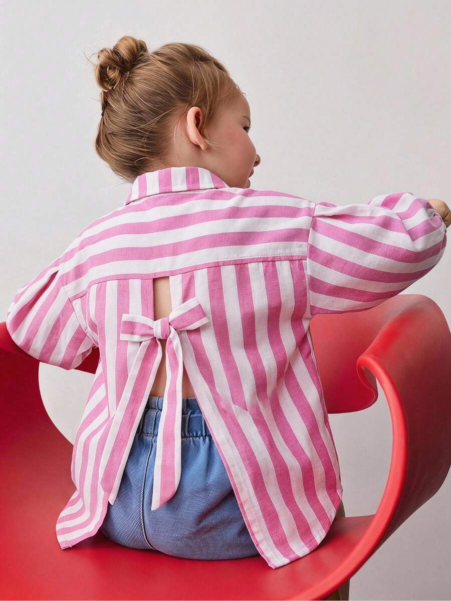 Maija Kids Maija Kids 1件少女優雅都市學院風百搭粉色條紋後蝴蝶結裝飾領寬鬆休閒長袖襯衫,適合返校、日常休閒穿搭、外出、聚會、假日、春夏季秋季 - 粉色 - 查看 1