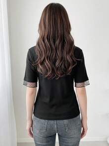 FRIFUL 女款春夏短袖素色拼接透視蕾絲面料羅紋時尚修身顯瘦百搭T恤 - 黑色 - 查看 2