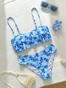 Swim Mod 花卉蕾絲可愛甜美復古休閒度假海灘海濱女式泳衣套裝 - 彩色 - 查看 4