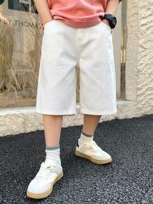 SHEIN 青少年男孩时尚复古休闲棉质弹力腰带口袋牛仔短裤，适合日常穿着，春夏皆宜，也适合锐舞派对和海滩活动。 - 白色 - 查看 5
