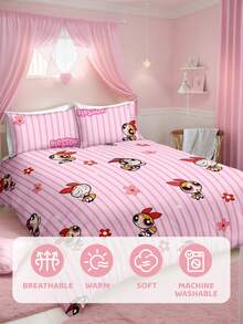 THE POWERPUFF GIRLS X SHEIN 三件套可爱卡通印花被套，光滑面料，柔软保暖，红色被套，多种尺寸可选，适用于单人床/双人床/大号床/特大号床 - 粉色 - 查看 7