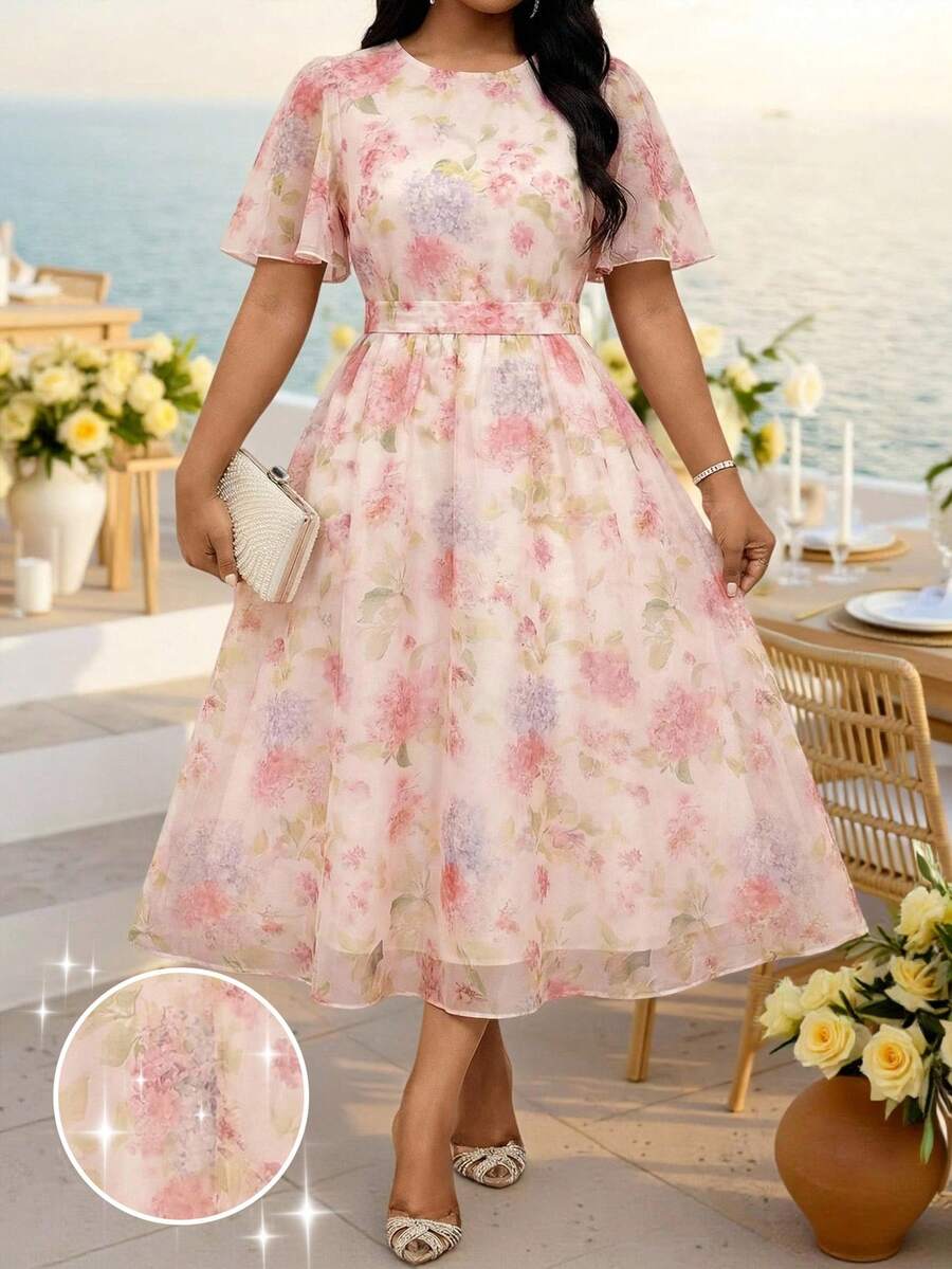 Fleurora Vestido casual de manga corta con cuello redondo y estampado floral para mujer talla grande, atuendo de verano para festival, elegante para invitada de boda y noche, rosa floral - Multicolor - Ver 1