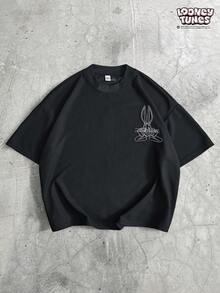 LOONEY TUNES X SHEIN PAVTROS 男士街头风3D兔子刺绣华夫格纹T恤，适合户外音乐节、日常出行、朋友聚会，也是送给男友/老公、周年纪念日的理想礼物。 - 黑色 - 查看 3