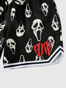 ROMWE MEN Street Life Men's Casual Gothic Fashion Ghost Face Print Pocket Drawstring Waist Shorts - Black - View 4