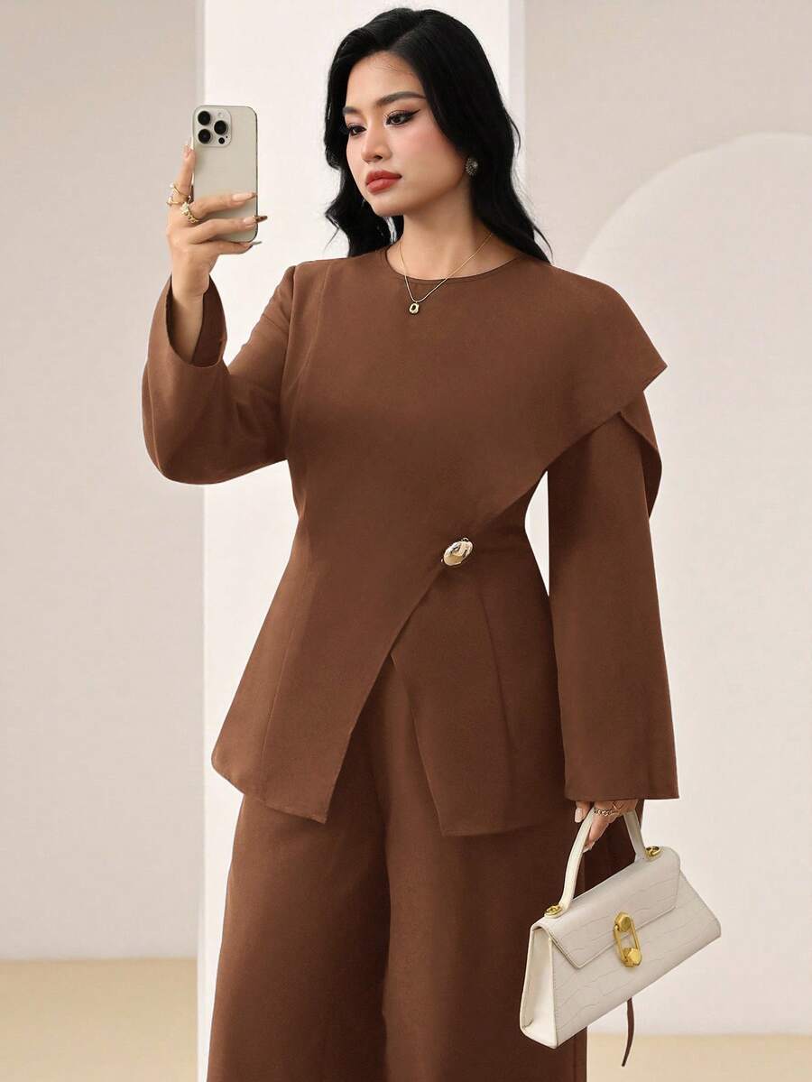 Veilorie Plus Size Women's Round Neck Tie Design Waist Metal Detail Hem Slit Long Sleeve Top And Pants Set Autumn Office Evening Brown Elegant - Coffee Brown - View 1