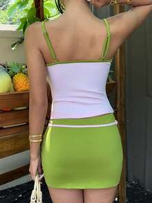 SHEIN Luminelle 撞色包边吊带背心和系带紧身裙 - 彩色 - 查看 2