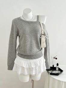Elamini Women's Casual Solid Color Cold Shoulder Loose Fit Long Sleeve Sweater - Grey - View 1