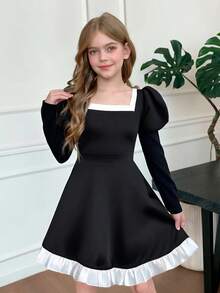 SHEIN Tween Girl Elegant Black And White Contrast Ruffle Square Neck Lantern Puffy Long Sleeve A-Line Dress - Black - View 4