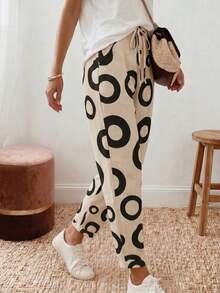 SHEIN Holidaya Women's Fashion Round Pattern Waist Drawstring Long Pants - Black and White - View 5