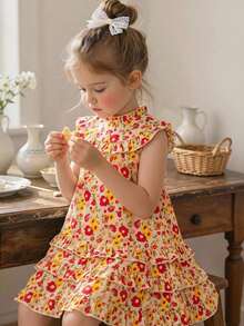 SHEIN Vintaside Kids 少女夏季甜美可爱度假风碎花荷叶领层叠荷叶边下摆无袖连衣裙 - 彩色 - 查看 2