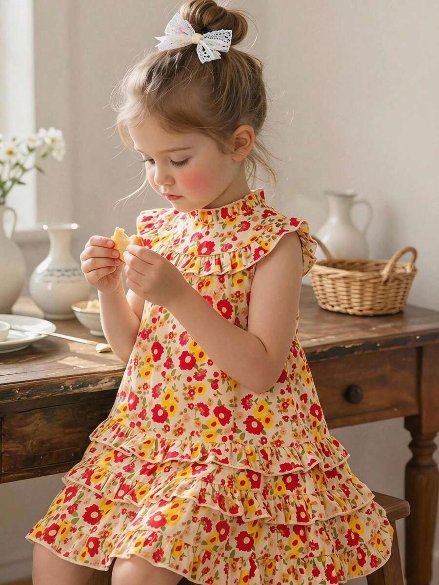 SHEIN Vintaside Kids 少女夏季甜美可爱度假风碎花荷叶领层叠荷叶边下摆无袖连衣裙