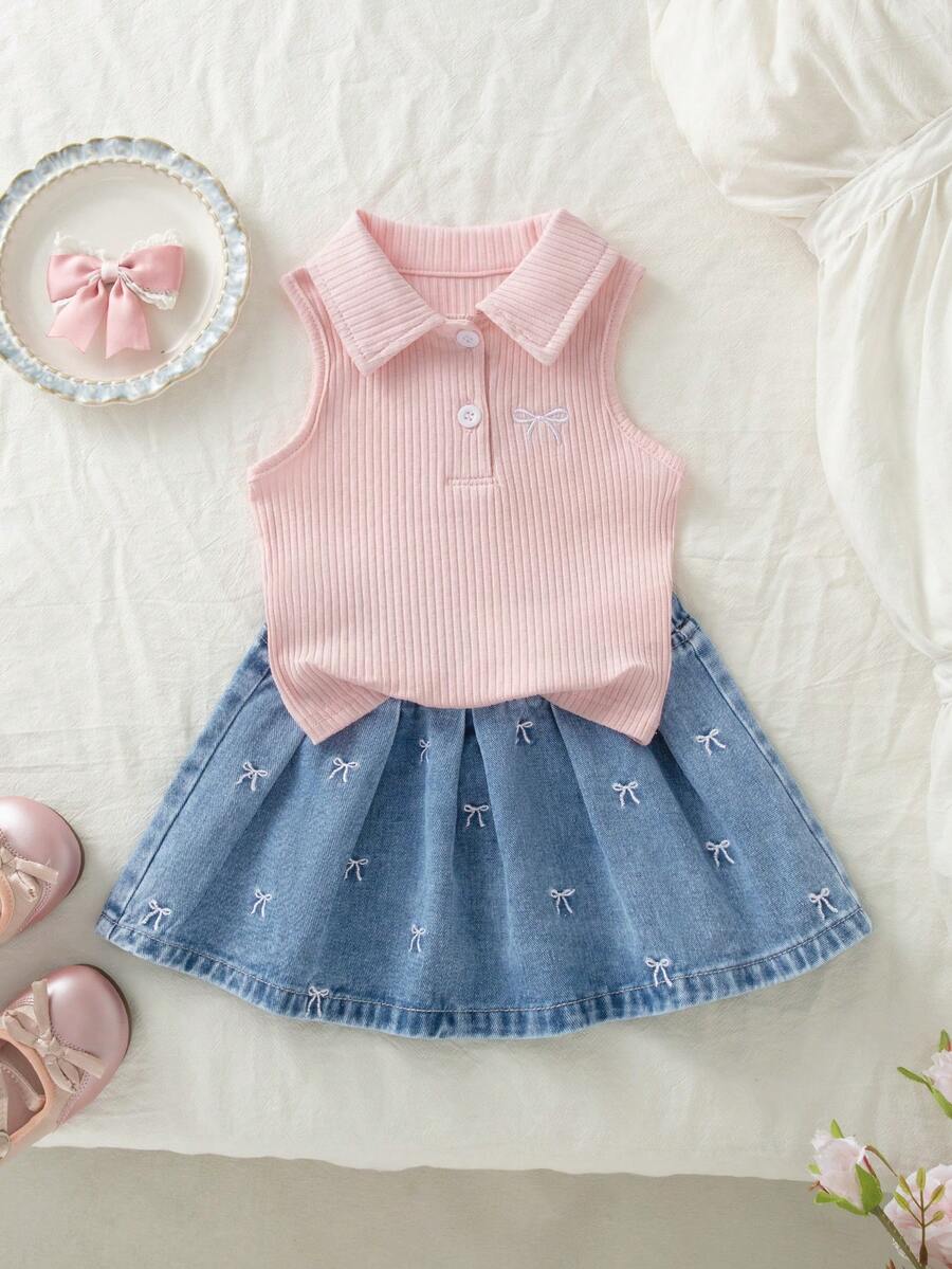 Genkimix Kids 女童 Polo 裙套裝 夏季新品 可愛甜美風 粉色羅紋針織無袖上衣 附粉色蝴蝶結刺繡 淺藍色牛仔百褶裙 鬆緊腰 柔軟舒適 休閒日常上學度假旅行穿搭