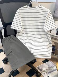 SHEIN 2件組男孩休閒短袖上衣與短褲套裝，街頭風，適合春夏 - 灰色 - 查看 3