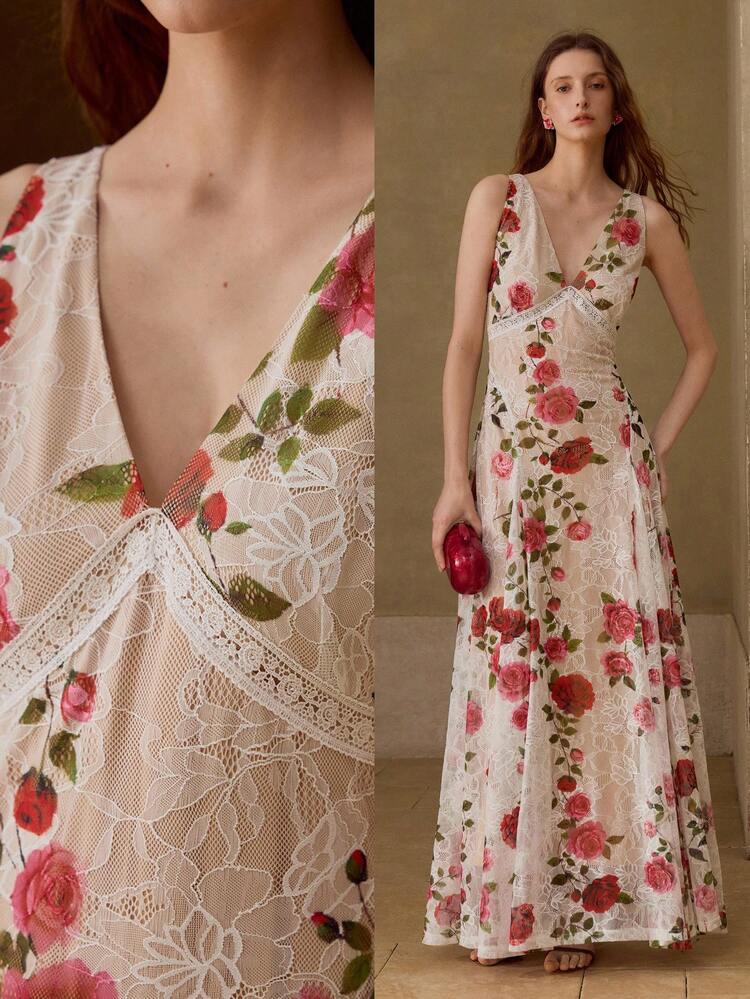 WOMEN'S ROMANTIC ELEGANT LACE FLORAL PRINT DRESS