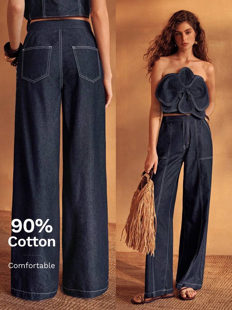 WOMEN'S SUMMER ELASTIC WAIST SLANT POCKET DENIM PANTS