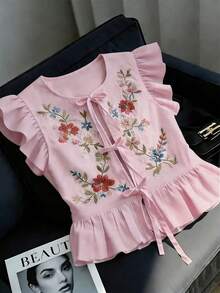 Selianne Urban Fashion Elegant Vacation New Style Women's Summer Base Colorful Floral Embroidery Round Neck Ruffle Sleeve Cinched Waist Short French Vintage Sweet Top Suitable For Daily Wear, Wedding, Dinner, Daily Commute, Graduation Party, Holiday Events, Vacation, Date, Easter, Party, Halloween, Christmas, New Year, Thanksgiving, Wedding - Pink - View 1