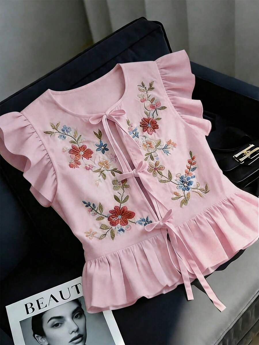Selianne Urban Fashion Elegant Vacation New Style Women's Summer Base Colorful Floral Embroidery Round Neck Ruffle Sleeve Cinched Waist Short French Vintage Sweet Top Suitable For Daily Wear, Wedding, Dinner, Daily Commute, Graduation Party, Holiday Events, Vacation, Date, Easter, Party, Halloween, Christmas, New Year, Thanksgiving, Wedding - Pink - View 1
