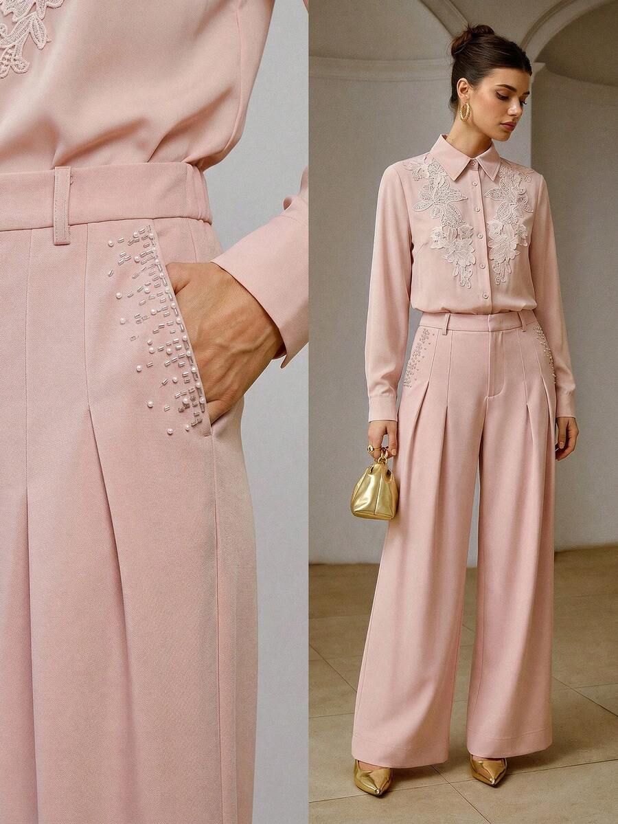 ZEYLAH Women's Elegant Girlisim Wide-Leg Pants With Beaded And Rhinestone Embellished Oblique Placket Golf Pastal - Pink - View 1