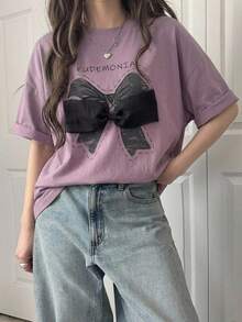 DAZY Women Round Neck Short Sleeve T-Shirt With Bow Decoration Cute Tops,Graphic Tees - Purple - View 8