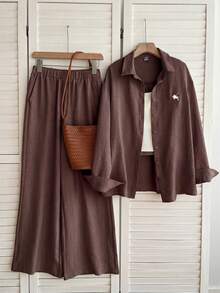 SHEIN EZwear 巧克力棕色編織騎士刺繡長袖襯衫與長褲休閒套裝 - 巧克力棕 - 查看 5
