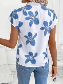 SHEIN Clasi Women's New Fashionable And Elegant Ruffle Trim Contrast Color Floral Print Blouse, Suitable For Daily Wear, Commuting And Various Occasions,Summer Top - Blue and White - View 2