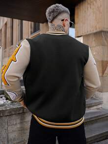 Artur Kramer Men's Long Sleeve Casual Street Fashion Collegiate Style Letter Applique Contrast Striped Trim Rave Baseball Jacket, Autumn/Winter - Multicolor - View 6