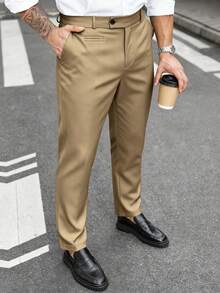 Manfinity Mode Pantalones de traje casuales versátiles de unicolor para hombres de talla grande para ir al trabajo - Caqui - Ver 4
