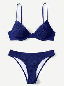 Swim Basics Bikini Swimwear With Underwire, Soft Shirred, No Need To Choose Bra Type - Navy Blue - View 1