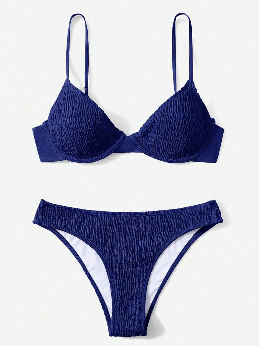 Swim Basics Bikini Swimwear With Underwire, Soft Shirred, No Need To Choose Bra Type - Navy Blue - View 1