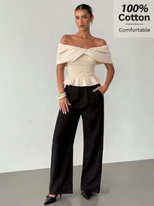 Siren Gaze Women's Linen Off-Shoulder Fitted Blouse, Off-Shoulder Shawl Style Top With Ruched Chest And Flounce Hem, Casual Vacation And Outing Cotton Shirt - Apricot - View 5