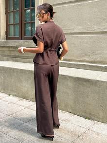 Siren Gaze Women's Linen-Blend Two-Piece Set | Short-Sleeve Utility Top & Drawstring Wide-Leg Trousers – Loose, Casual Work-To-Weekend Set - Brown - View 2